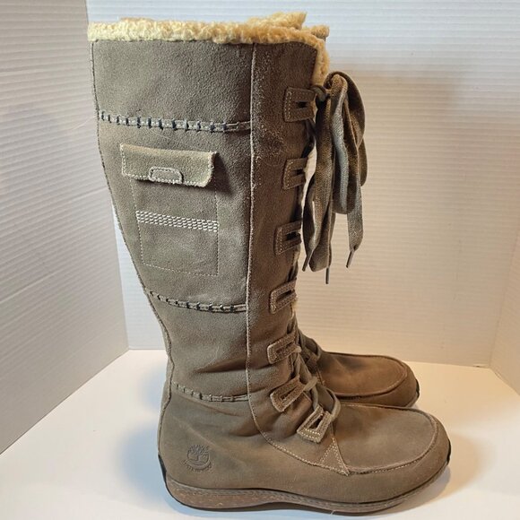 Timberland Womens Waterproof Tan Suede Tall Lace-Up Boots W/ Faux Shearling Lini - Picture 3 of 16